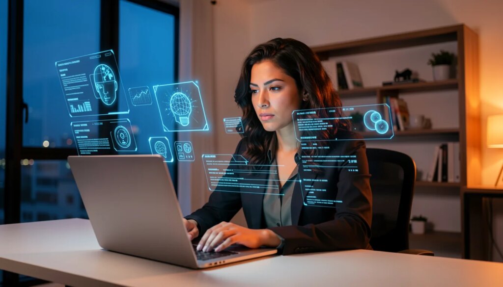 Como acompanhar o lançamento de novos modelos de IA sem perder as principais novidades do mercado | SWEN.IA Mulher profissional usando laptop com ícones de IA ao redor, ambiente moderno e vibrante.