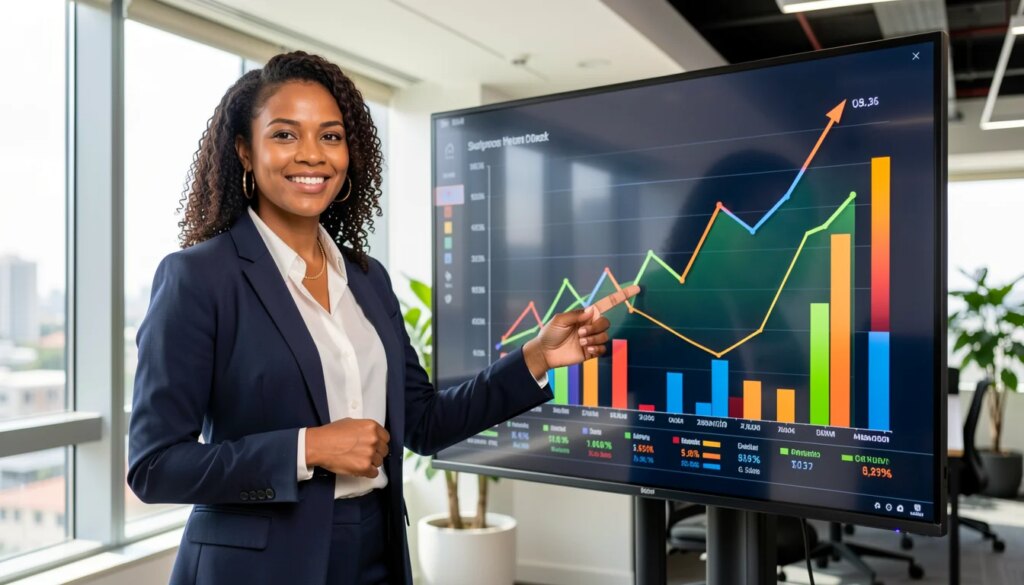 Mulher de negócios analisando gráficos de dados em um escritório moderno