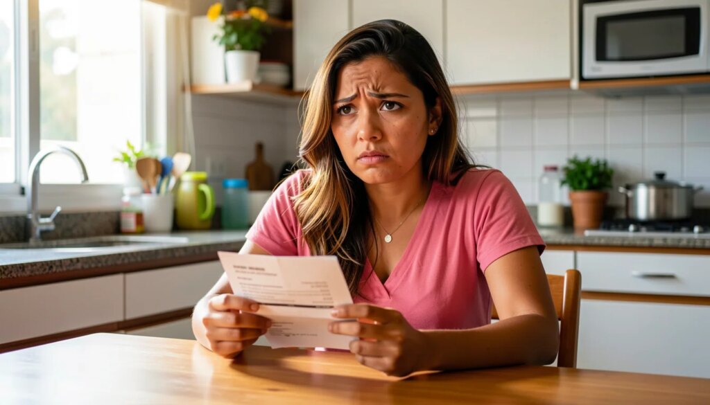 Plano de saúde coletivo por adesão: o que é, vantagens, riscos e como evitar reajustes abusivos Mulher preocupada segurando conta de plano de saúde em casa