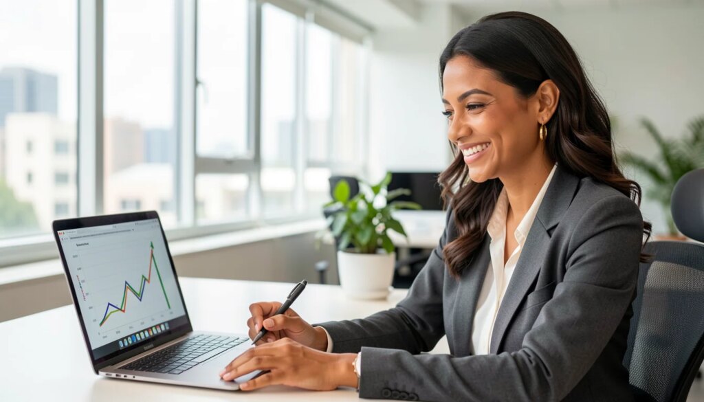 Calculadora de ROI: Descubra em 1 Minuto se Seu Marketing Está Dando Lucro Mulher de negócios sorridente analisando gráfico de lucro no laptop em escritório moderno