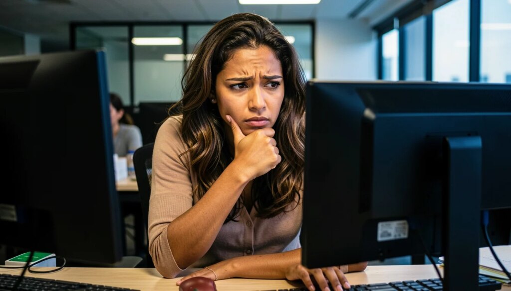 SOC 24×7: o que uma empresa de monitoramento realmente enxerga na sua rede Mulher preocupada olhando para tela de computador em escritório moderno