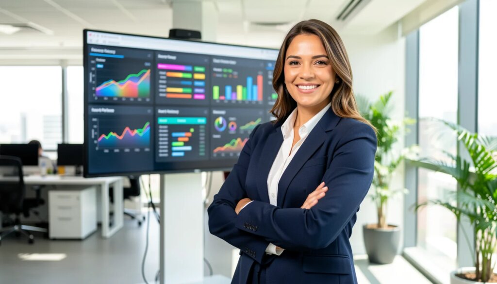 Empresária confiante em escritório moderno com painel de dados integrados