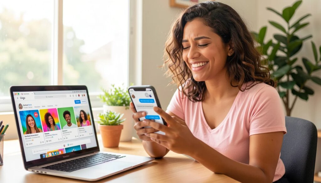 Ferramentas gratuitas que convertem conversas e textos em posts prontos em minutos Mulher sorridente transformando conversa em post no laptop