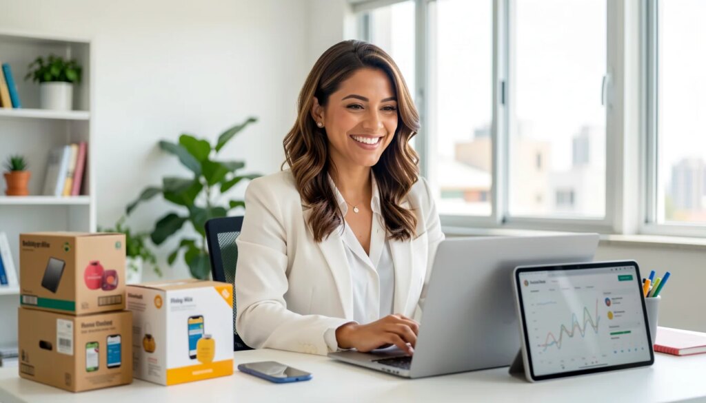Mulher empreendedora sorridente usando laptop e celular em escritório moderno com caixas de produtos ao fundo.