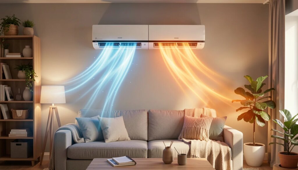 Ar-condicionado quente e frio presta? Conheça os principais benefícios Ar-condicionado quente e frio moderno na parede da sala, com metade emitindo ar frio azul e a outra metade ar quente laranja.