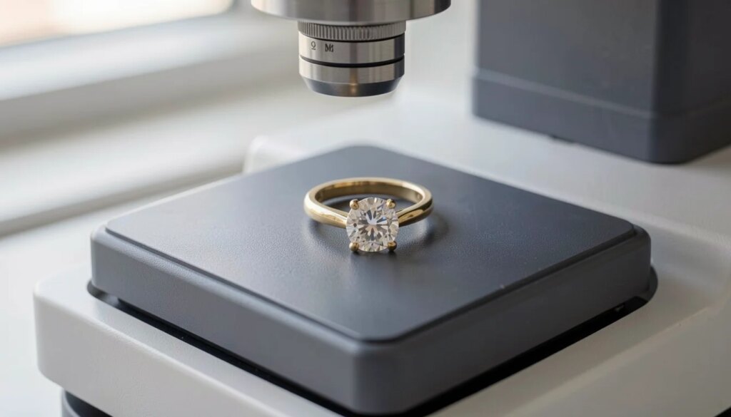 Anel de ouro 18k com diamante sendo analisado por equipamento de precisão XRF