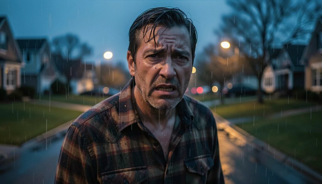 Os Suspeitos: por que o roteiro de Aaron Guzikowski é uma referência em suspense Pai desesperado em rua escura, expressão de angústia, atmosfera de suspense