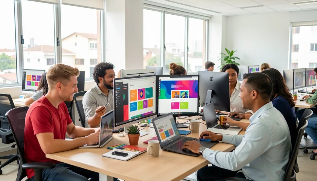 10 empresas de desenvolvimento de sites e soluções digitais Equipe de desenvolvimento web colaborando em escritório moderno com sites em monitores