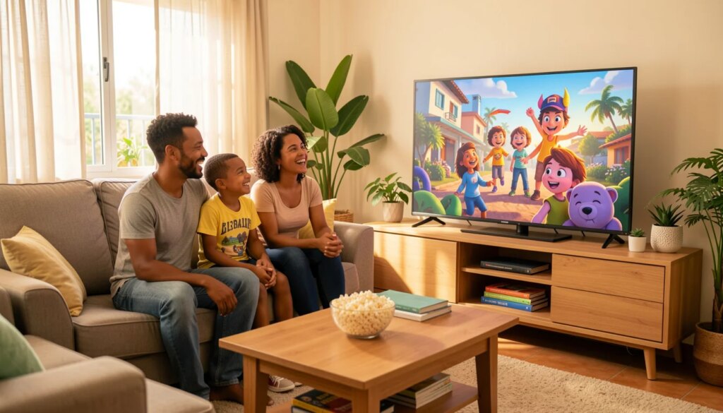 Animações de 2026: os filmes para toda a família, com faixa etária, duração e onde assistir Família brasileira assistindo animação em casa na sala de estar