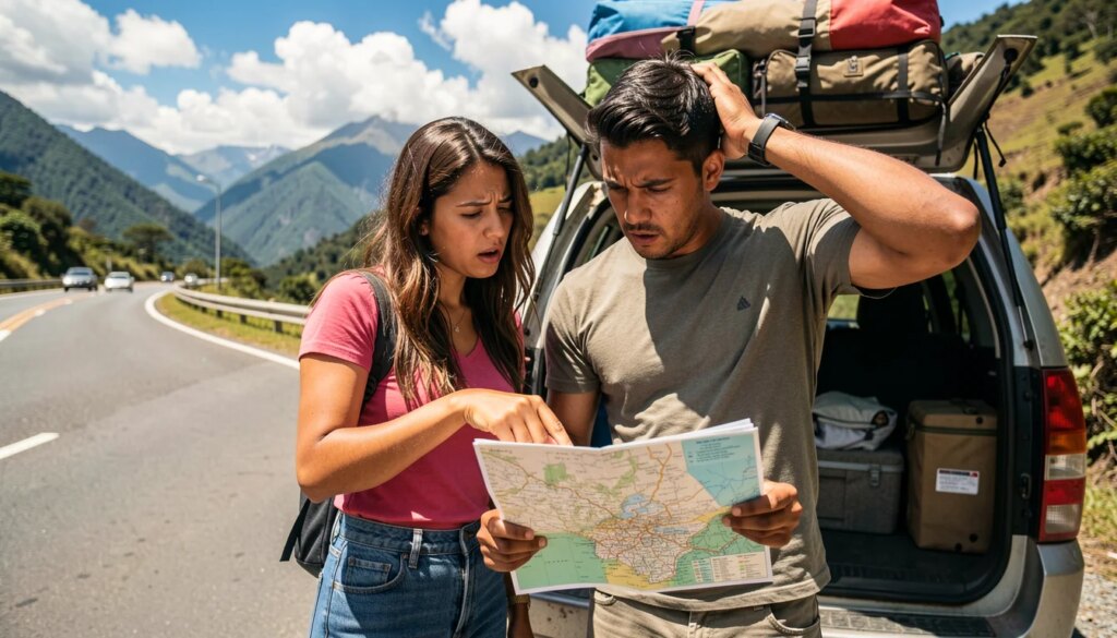 Quanto custa viajar de carro pela América do Sul? Veja os gastos que entram no planejamento Casal planejando viagem de carro pela América do Sul com mapa e expressão de preocupação