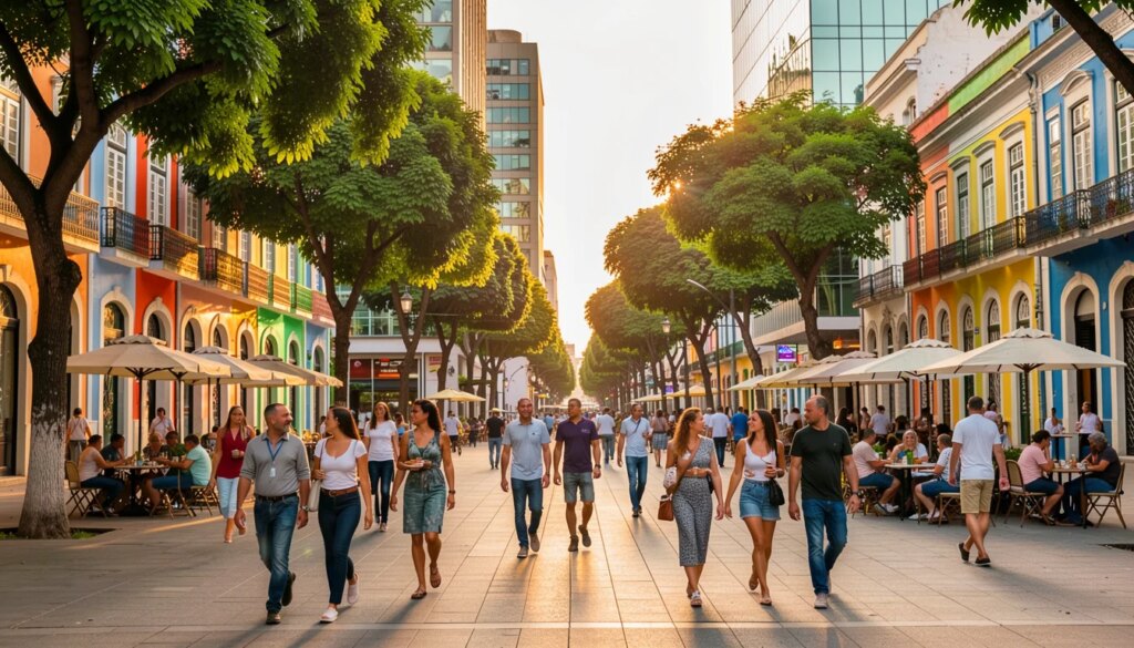 Revitalização e praticidade: motivos para investir no centro urbano Centro urbano revitalizado com pessoas, áreas verdes e fachadas históricas restauradas