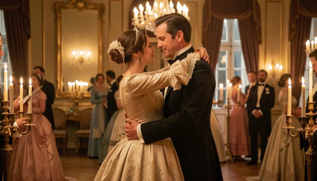 Romances Históricos: 10 Filmes Essenciais para Entender o Amor no Passado Casal em baile de época se abraçando romanticamente