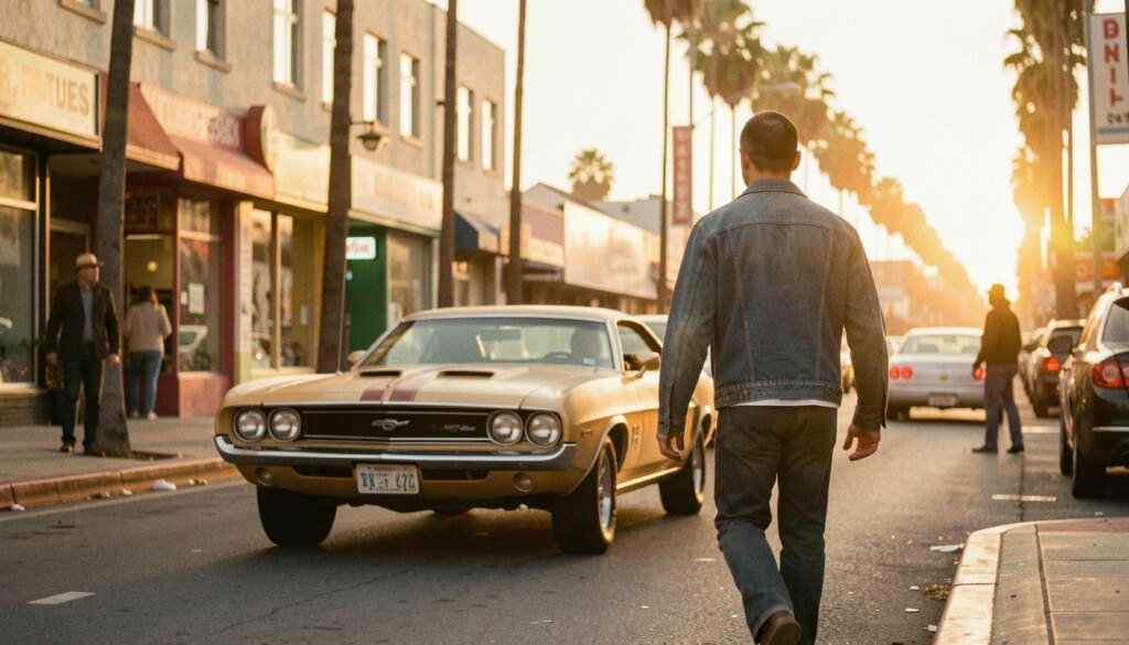 Cena cinematográfica de Los Angeles em 1977 com dublê de costas e carro vintage