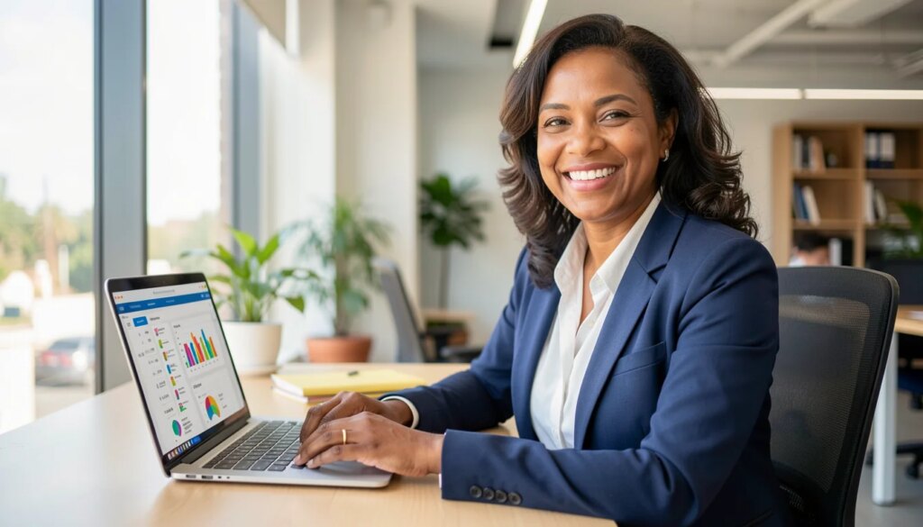 Corretora de seguros sorrindo enquanto usa sistema ERP organizado no laptop