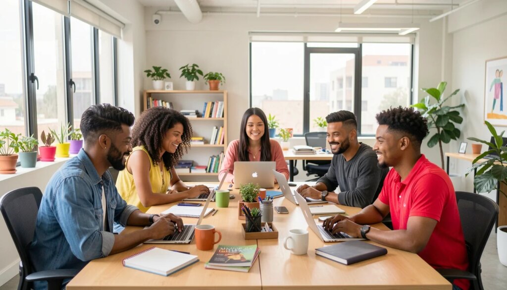 Equipe criativa de agência de conteúdo digital trabalhando em escritório moderno e iluminado